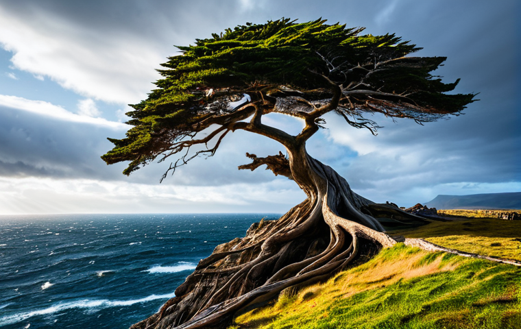 A majestic, ancient tree with deeply intertwined roots, standing firmly on a rugged, windswept cliff overlooking a turbulent but clear ocean. The sky is dramatic with swirling clouds and strong winds, yet the tree's branches, while bent, remain unbroken. A golden ray of sunlight pierces through the clouds, illuminating the resilient tree, symbolizing unwavering inner strength and perseverance in the face of adversity. This image represents the power of frustration tolerance. Professional photography, high detail, epic wide shot, vivid colors, cinematic lighting, safe for work, appropriate content, family-friendly.
